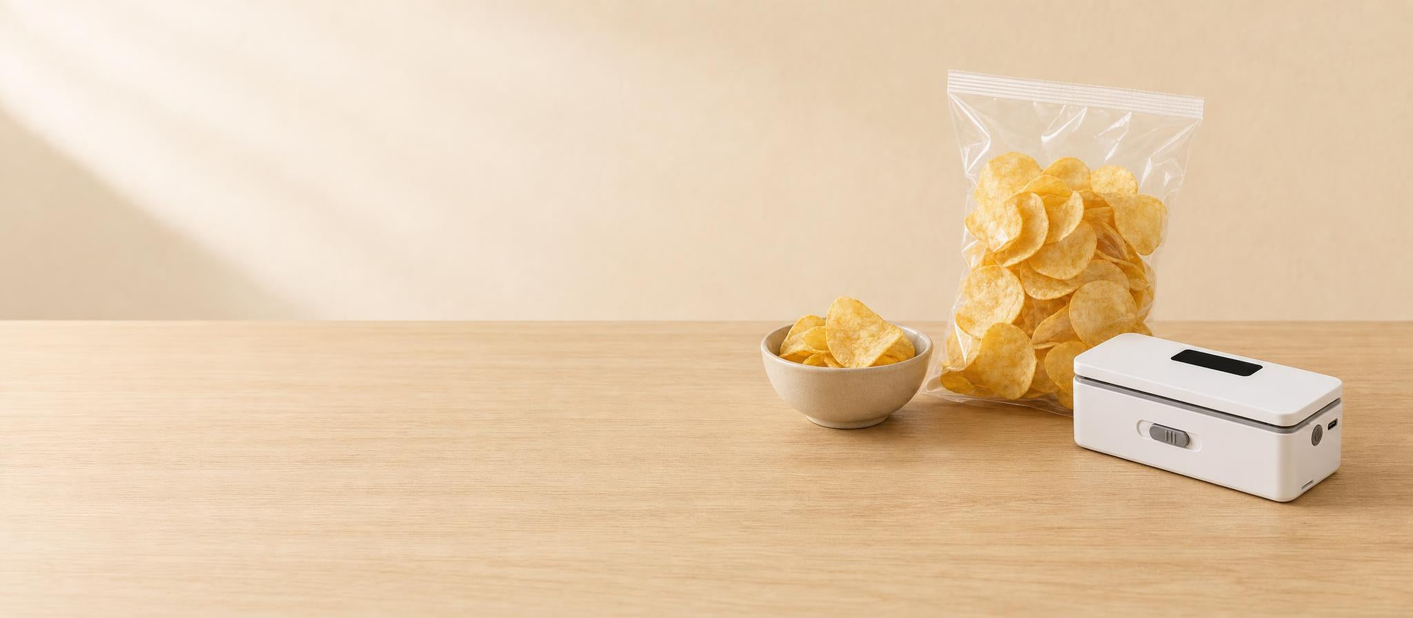 Mini selladora de bolsas junto a una bolsa de patatas sellada